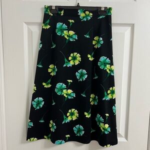 Vintage (Canada) Black Retro Floral Flared Midi Skirt w/ Green Yellow Accents